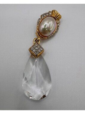 Craft Faux Pearl Crystal Prism Dangle Brooch Gold Tone Rhinestone Accent